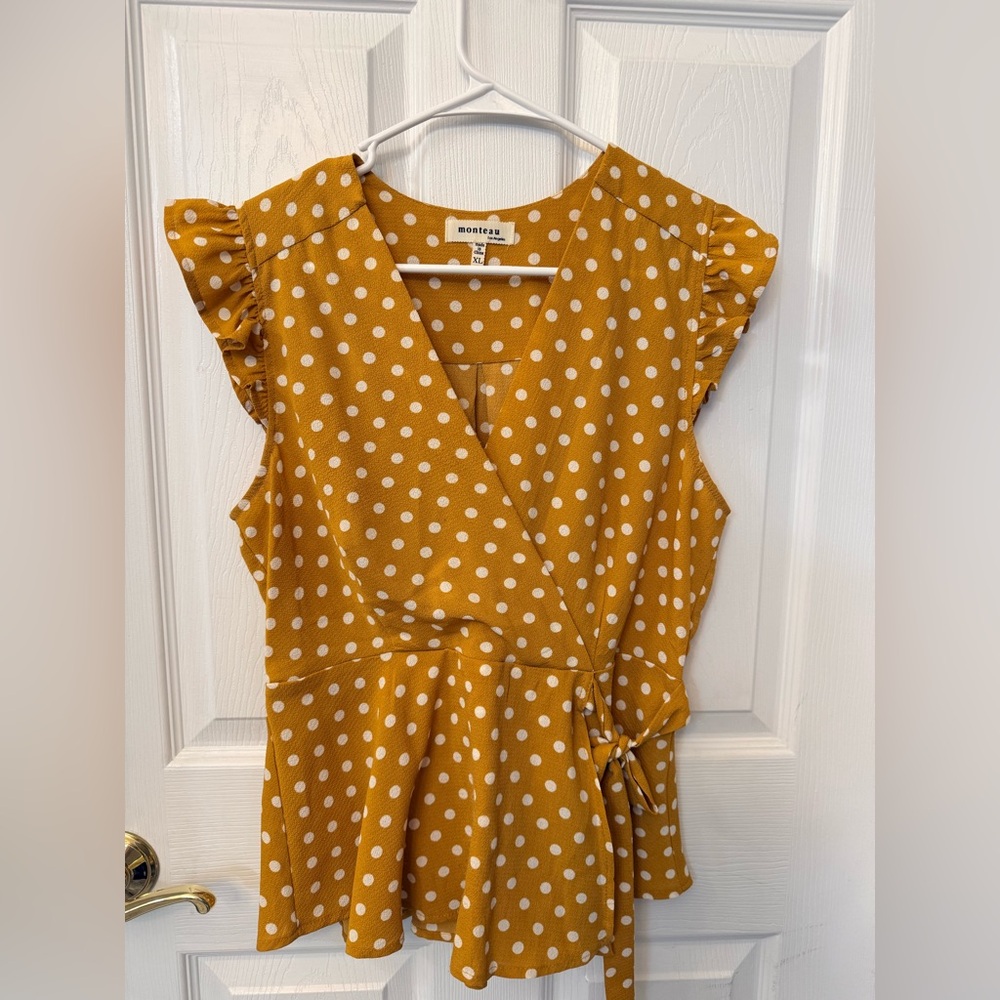 Monteau Mustard Yellow Polka Dot Wrap Tank Top